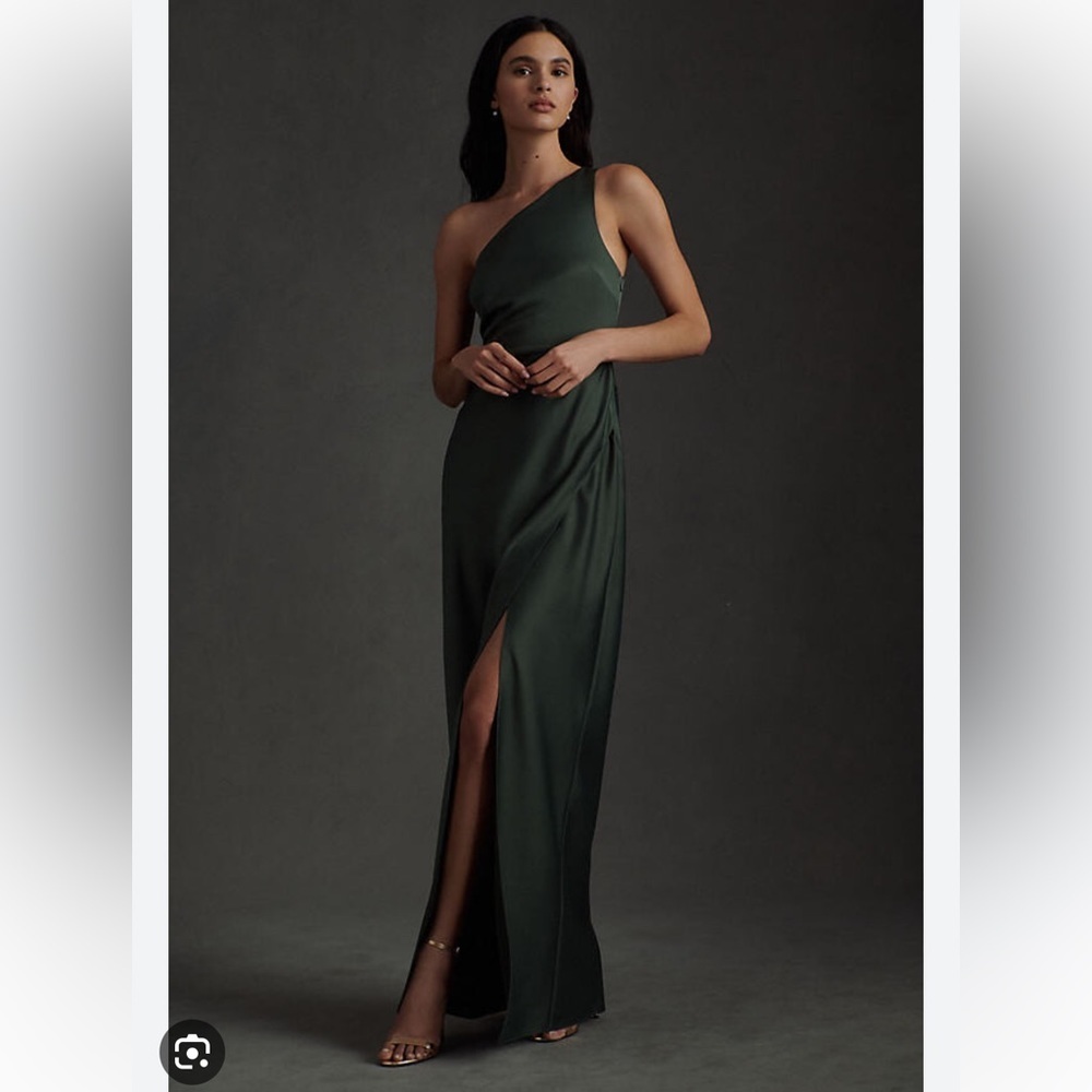 BHLDN Dylan One-Shoulder Satin Side-Slit Gown Green sz 8